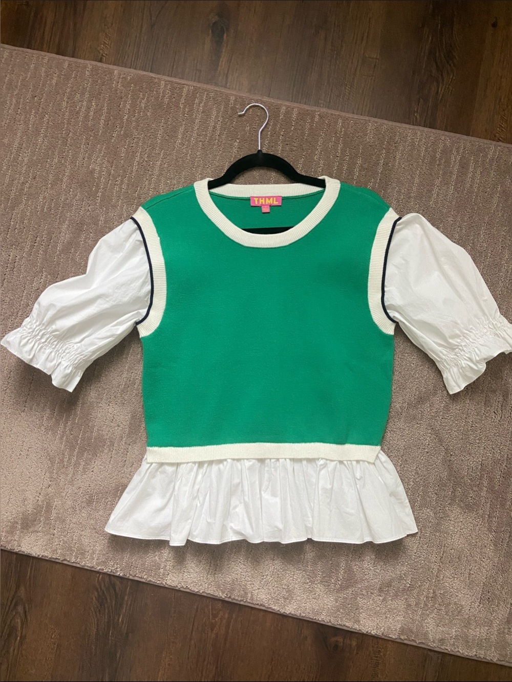 THML Emerald Green Sweater Knit Top with Cream/Navy Trim and White Puff Sleeves